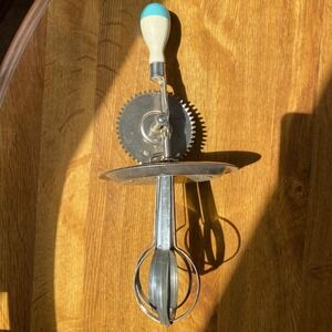 Vintage A&J Hand Crank Egg Beater Whisk Wood Handle Made in USA Cottage Trad MCM